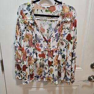 Olivaceous Floral Print Blouse with Ruffle Trim